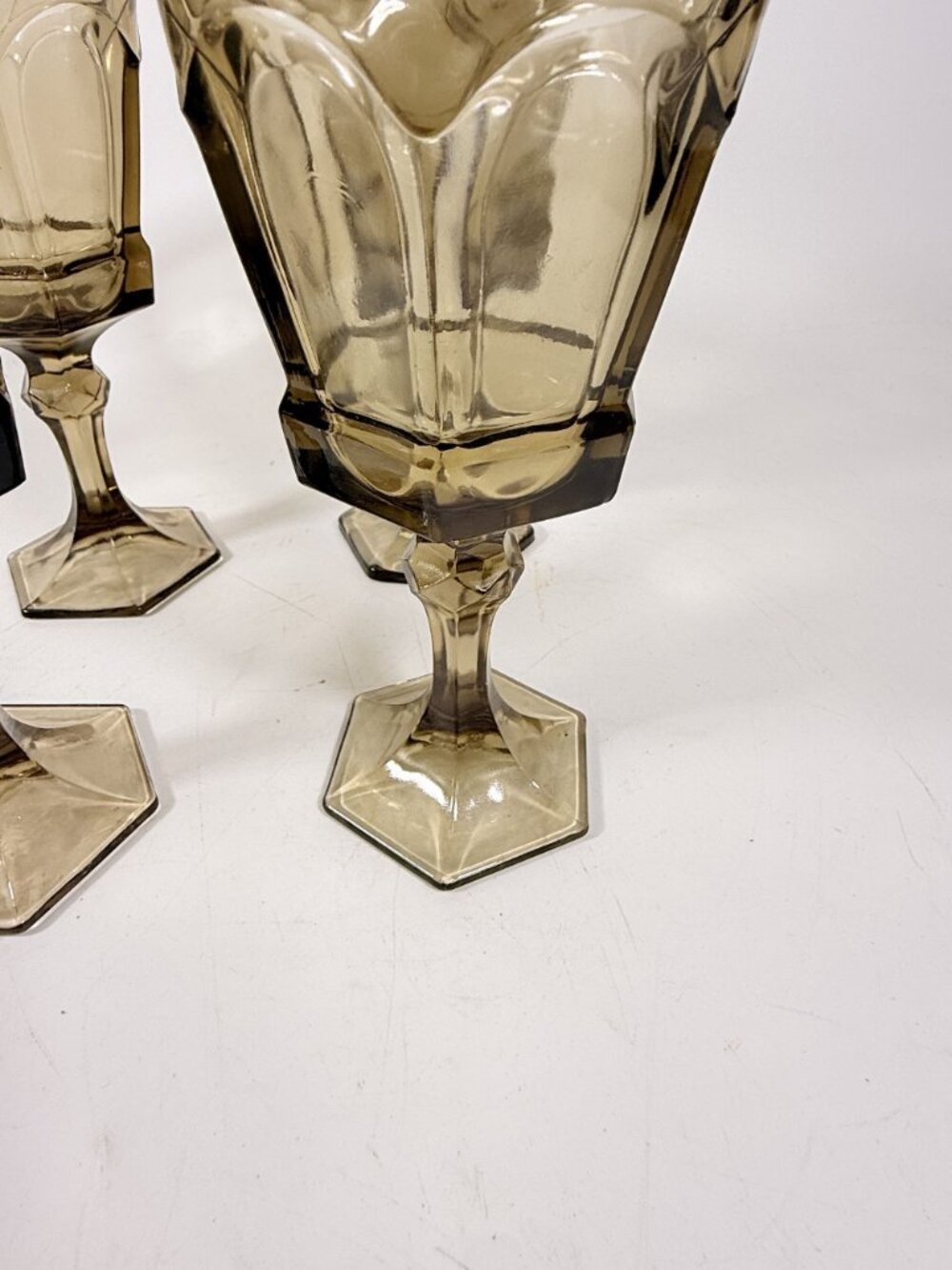 Water Goblets Stemmed Paneled Fostoria Virginia Smoky Brown Set 4 Mid Century Vi - Picture 10 of 14